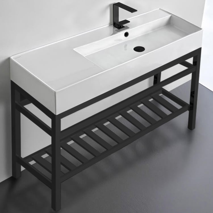 Scarabeo 5122-CON2-BLK-One Hole Ceramic Console Sink and Matte Black Stand